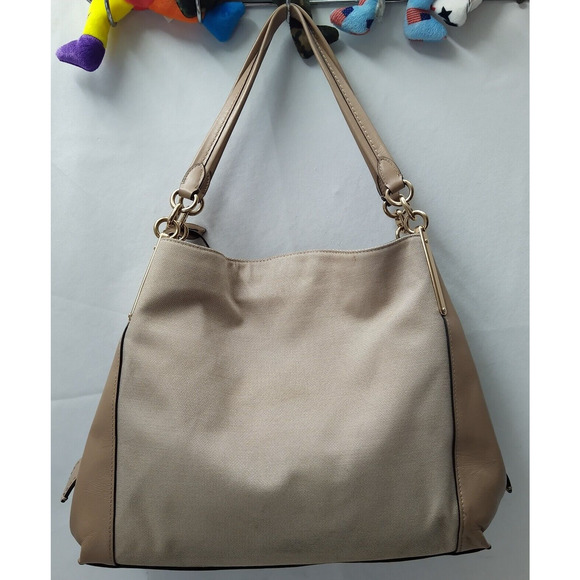 Coach Dalton Bag 31 Taupe Canvas Leather 3 Compartments Shoulder Bag - Picture 2 of 16